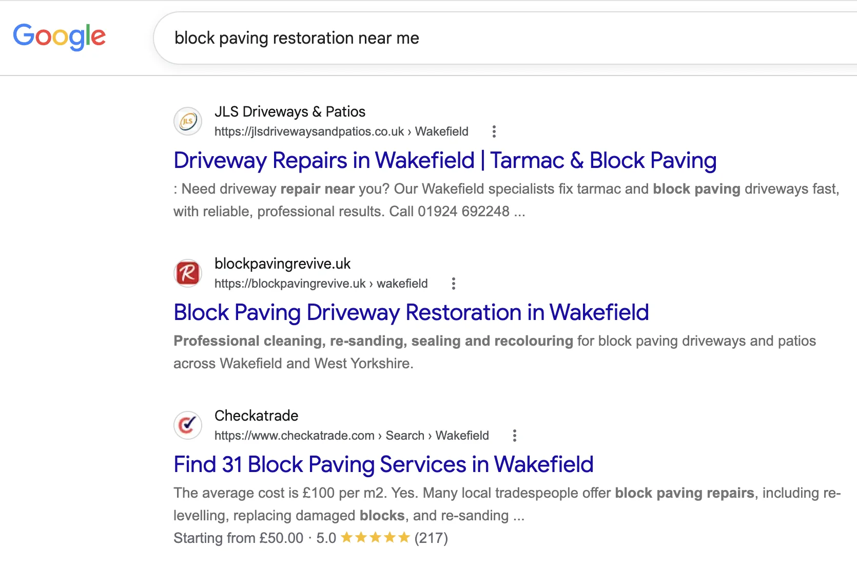 Google search results for “block paving restoration near me” showing Block Paving Revive in second place