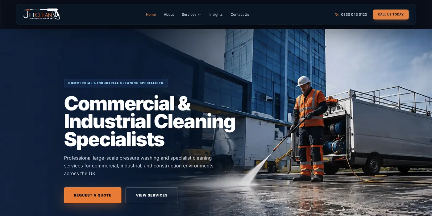 Screenshot of the JetClean Commercial website