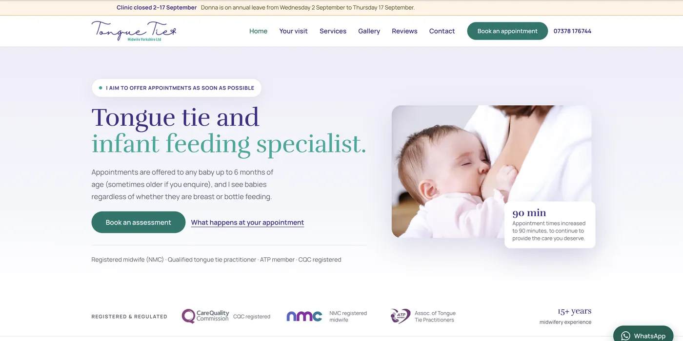 Screenshot of the Tongue Tie Midwife Yorkshire website